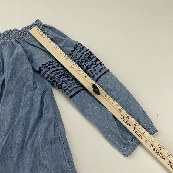 GAP Blue Chambray Off The Shoulder Smocked Embroidered Blouse Size M 3/4 Sleeve - Picture 3 of 11